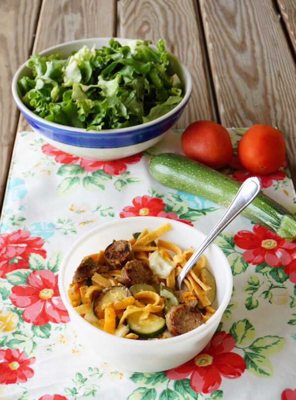 Fresh Mozzarella, Sausage and Summer Veggie Pasta Conebella Farm